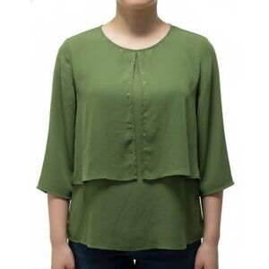 NY Collection Petite Blouse PL Green Layered Chiffon Studded Top 3/4 Sleeve NWT
